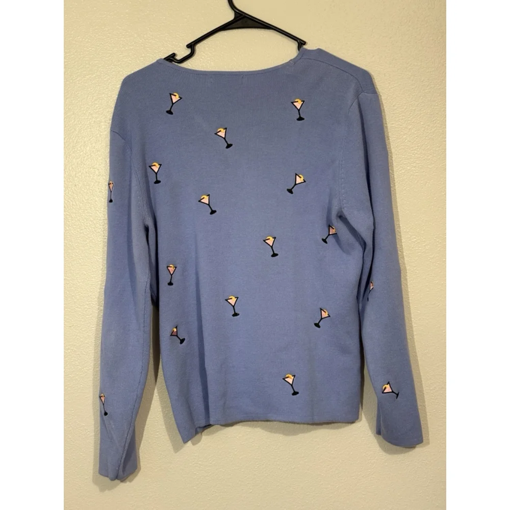 Alexandra Bartlett Women L Cardigan Sweater Cocktail Martini Blue Embroidery Y2K - Picture 4 of 4